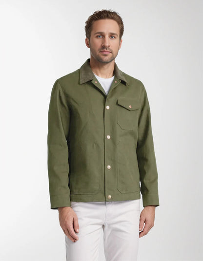 Men's navy relaxed fit button-down jacket with copper-toned hardware, casual everyday outerwear