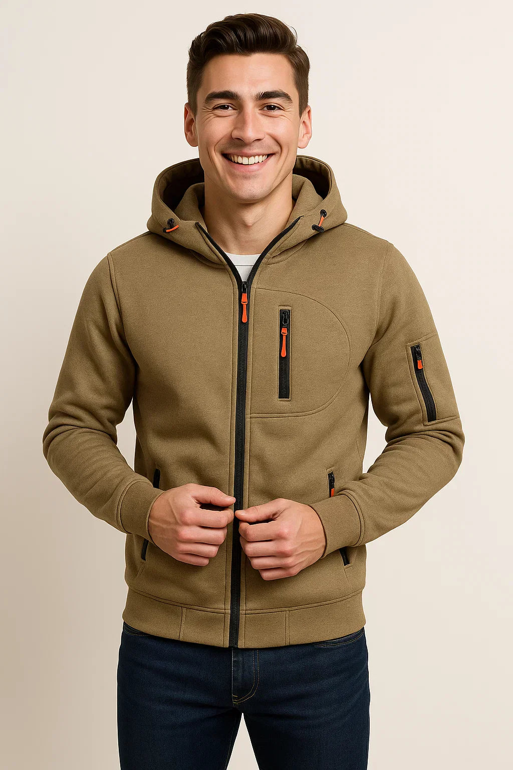 Men's casual zip-front hoodie in modern slim silhouette with secure zip pockets for everyday wear