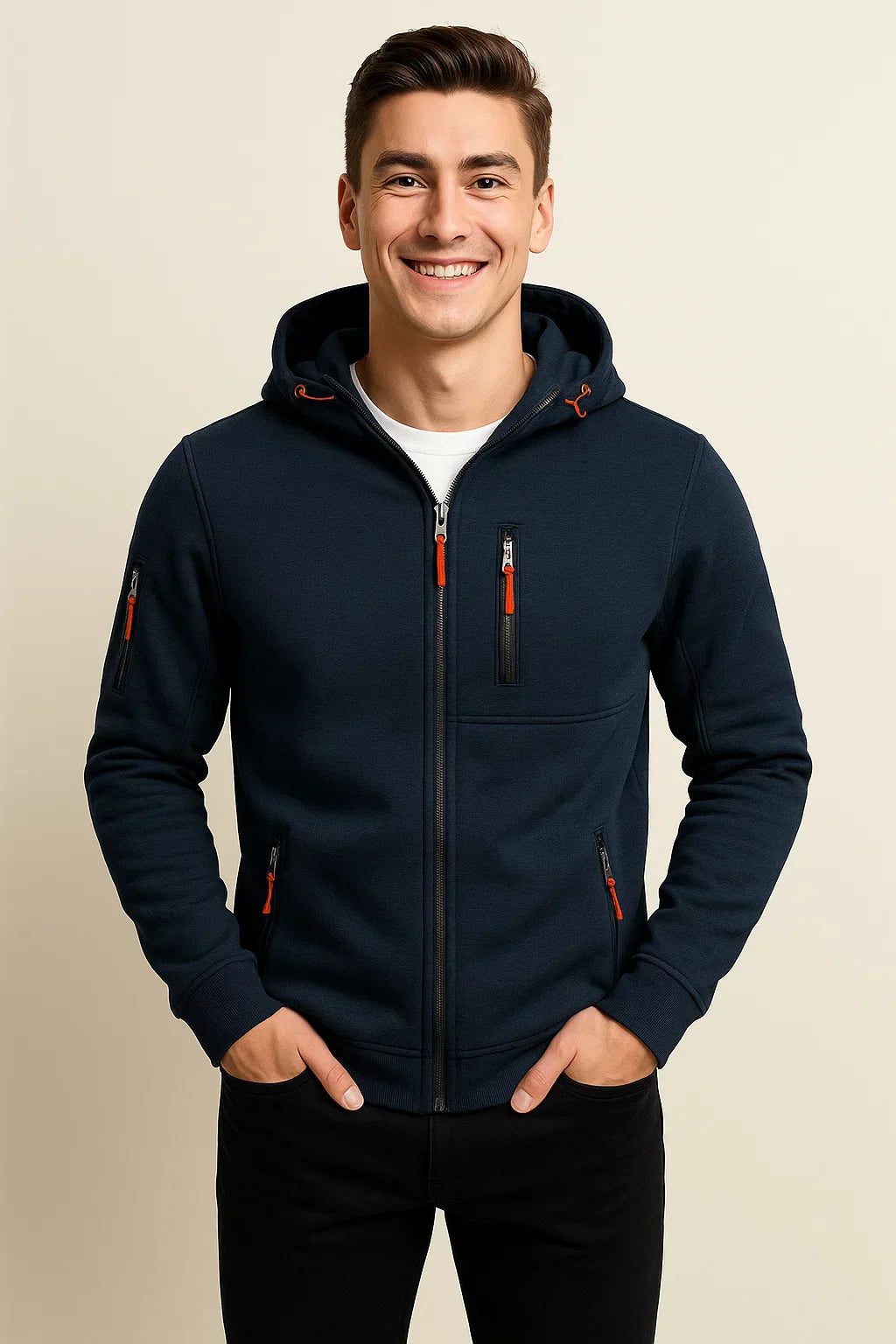 Men's casual zip-front hoodie in modern slim silhouette with secure zip pockets for everyday wear
