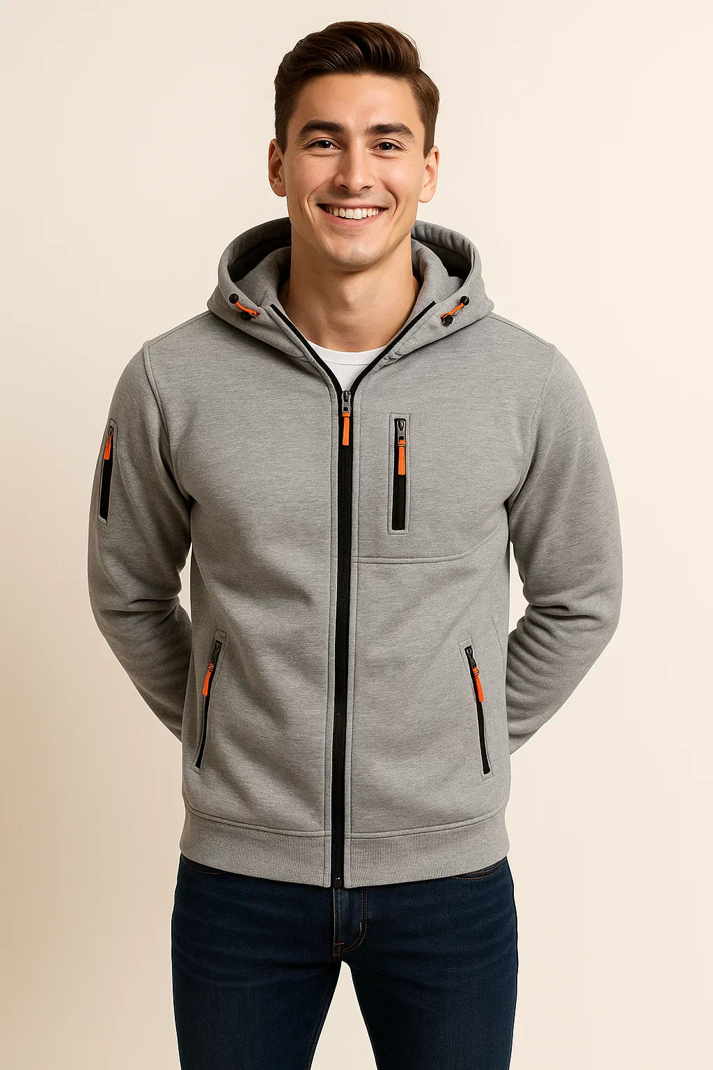 Men's casual zip-front hoodie in modern slim silhouette with secure zip pockets for everyday wear