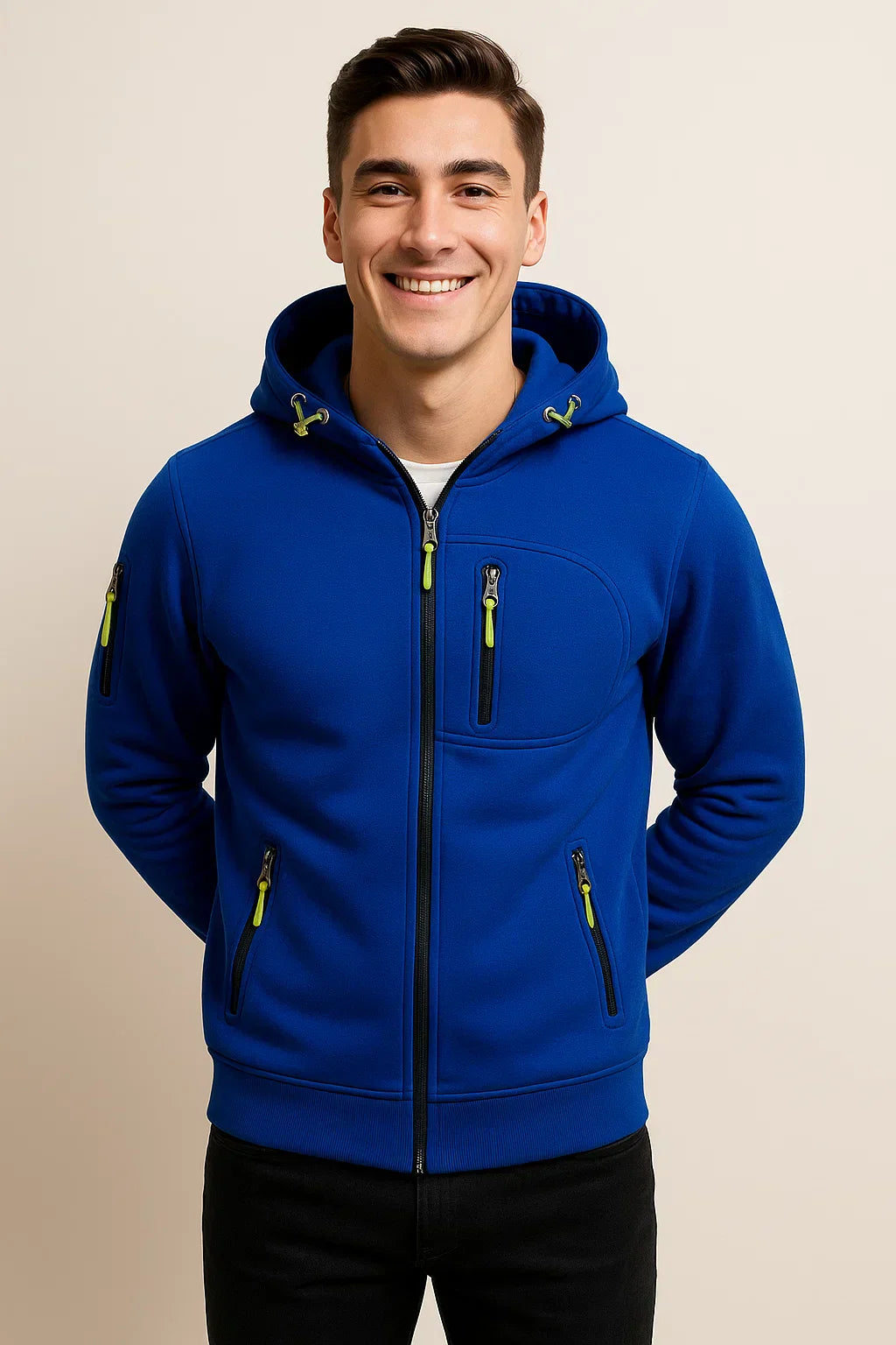 Men's casual zip-front hoodie in modern slim silhouette with secure zip pockets for everyday wear