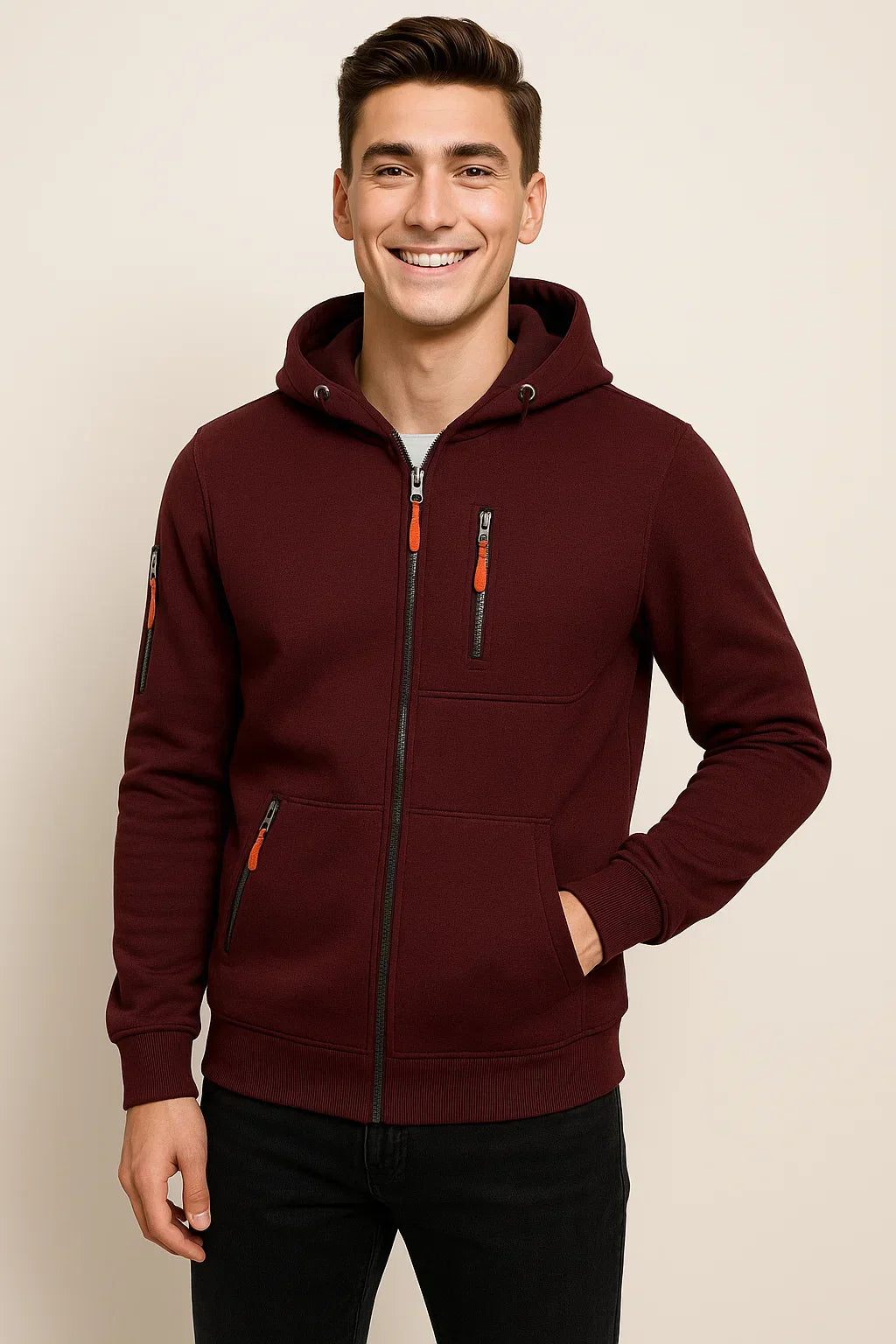 Men's casual zip-front hoodie in modern slim silhouette with secure zip pockets for everyday wear