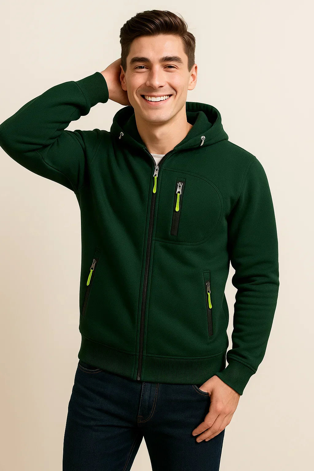 Men's casual zip-front hoodie in modern slim silhouette with secure zip pockets for everyday wear