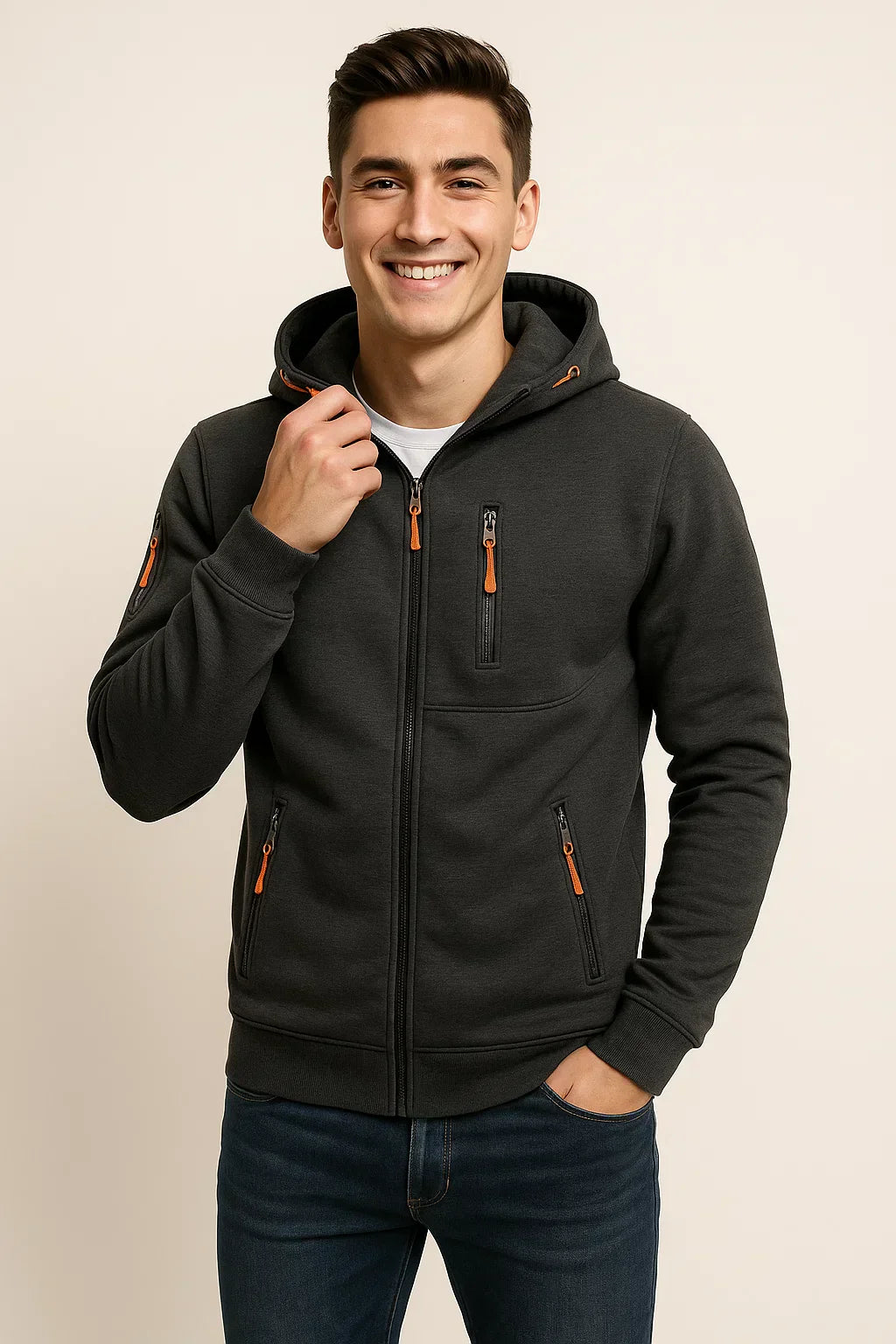 Men's casual zip-front hoodie in modern fit with secure zip pockets for everyday comfort