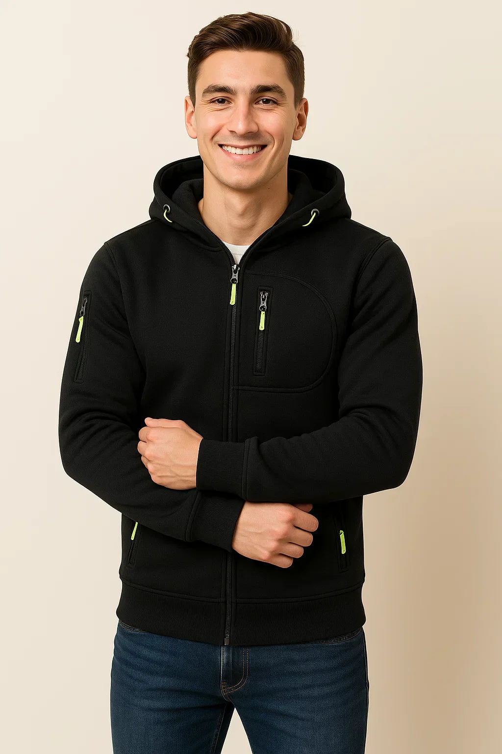 Men's casual zip-front hoodie in modern relaxed fit with secure zip pockets for everyday wear