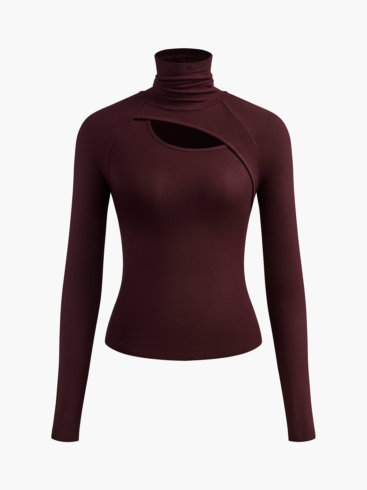 Black asymmetric cutout turtleneck long sleeve slinky top slim fit jersey fabric