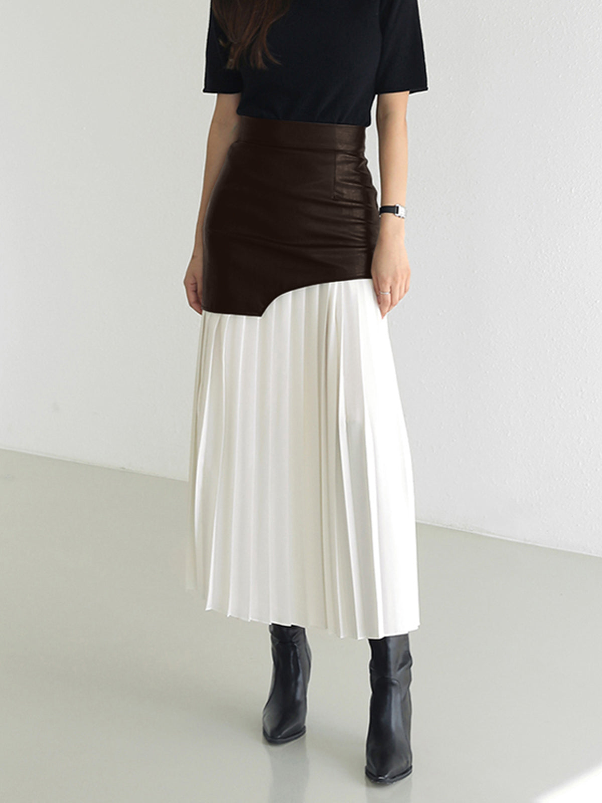 Black asymmetric patchwork midi skirt faux leather and chiffon pleated two-texture silhouette