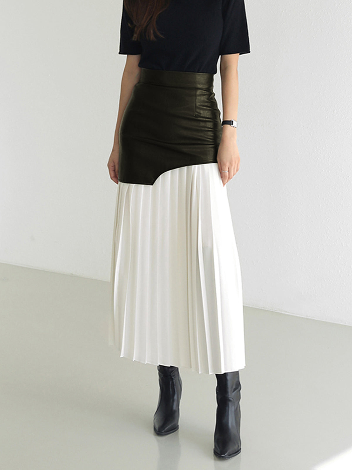 Black asymmetric patchwork midi skirt faux leather and chiffon pleated two-texture silhouette