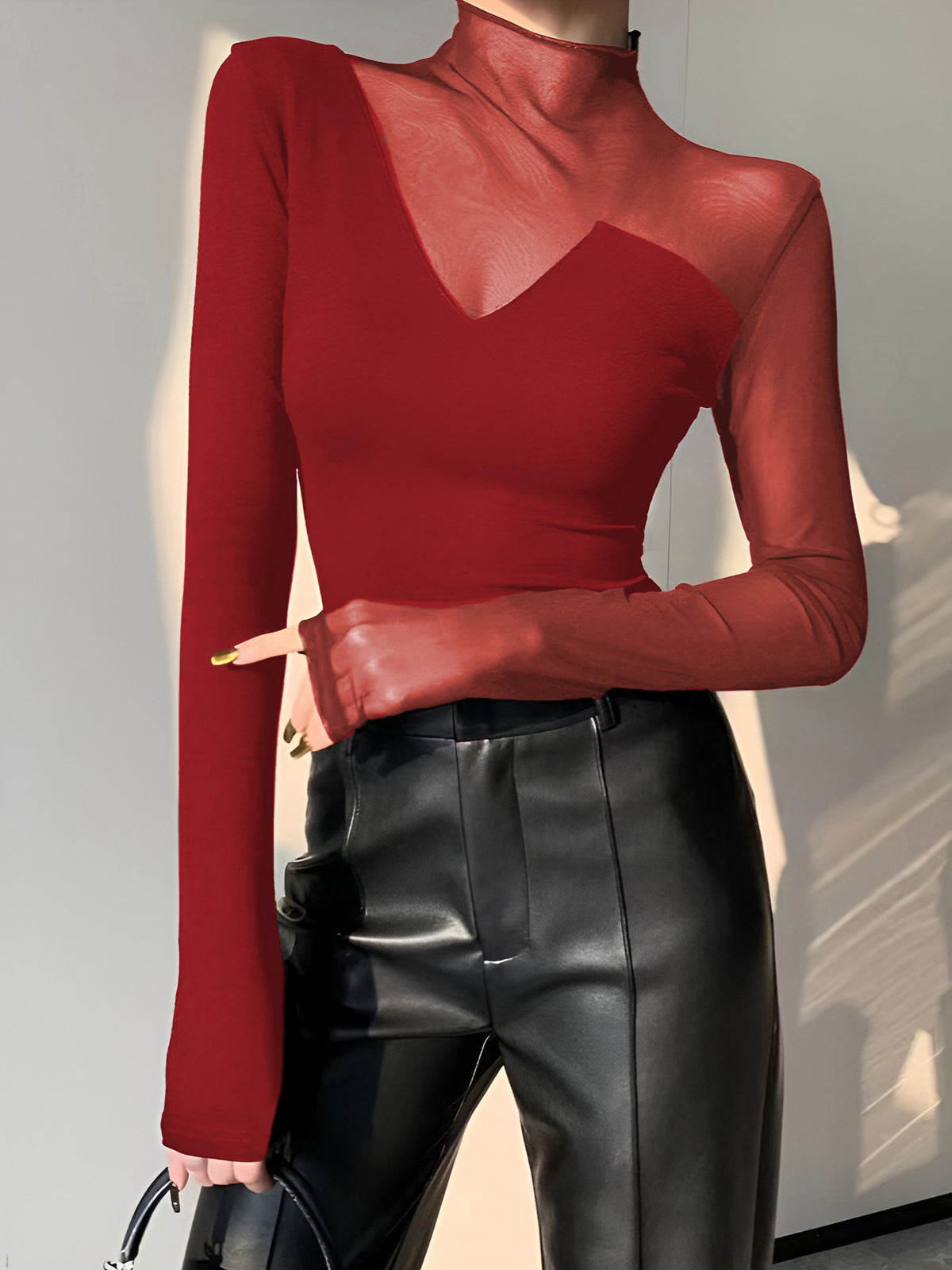 Sheer mesh panel long sleeve mock neck T-shirt asymmetrical skinny fit stretchy top