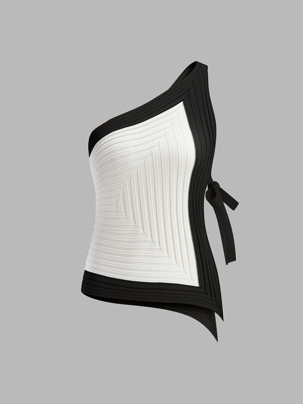 Asymmetrical ribbed sleeveless knit top with side tie detail and contrast binding, slim fit