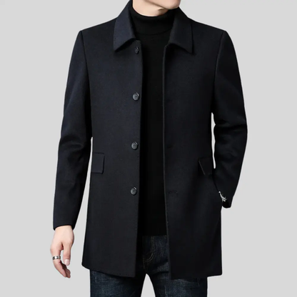 Augustus single breasted coat, tailored mid-thigh polyester blend with classic collar and sleek silhouette