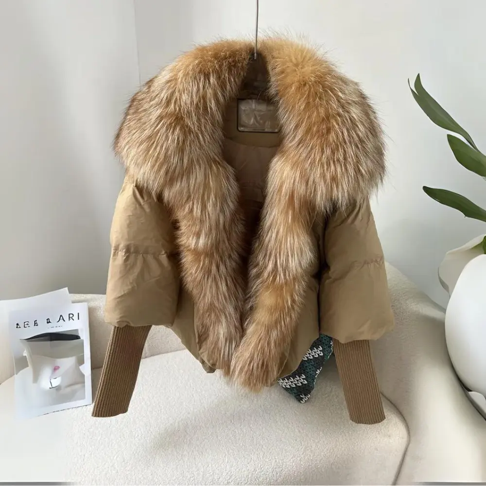 Puffer jacket with faux fur collar, down filling, lightweight winter coat for cold outdoor days