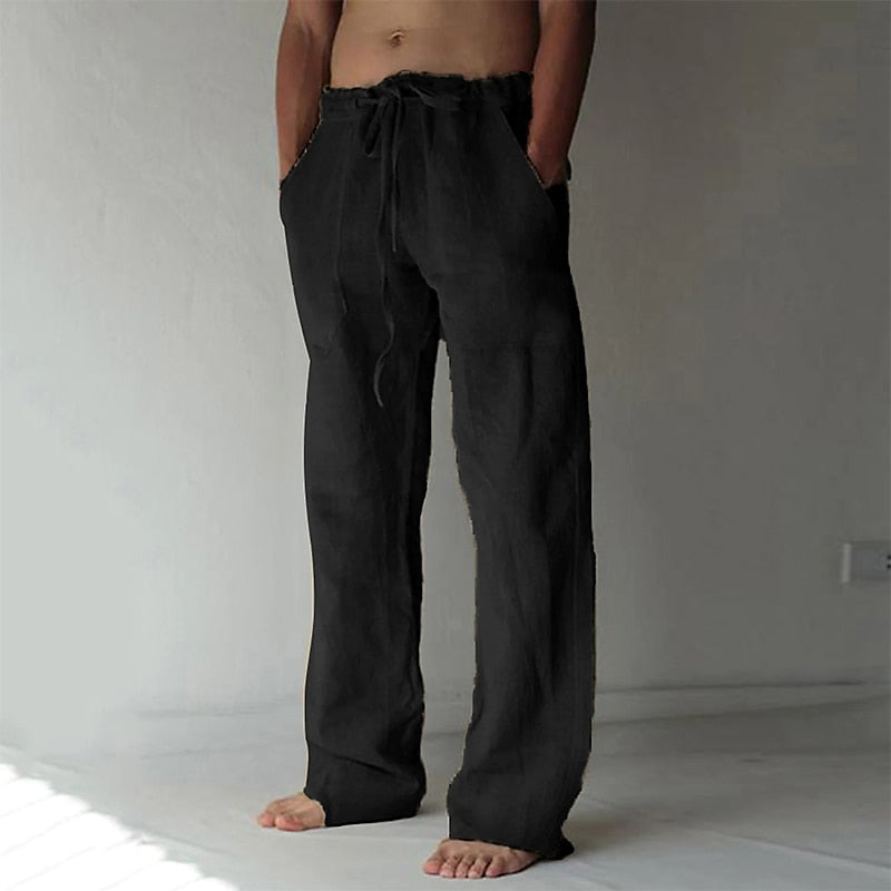Men's beige linen pants loose fit drawstring waist lightweight breathable casual summer style