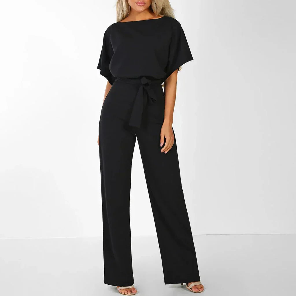 Women's loose fit wide-leg jumpsuit with tie waist belt, elegant and comfortable everyday style