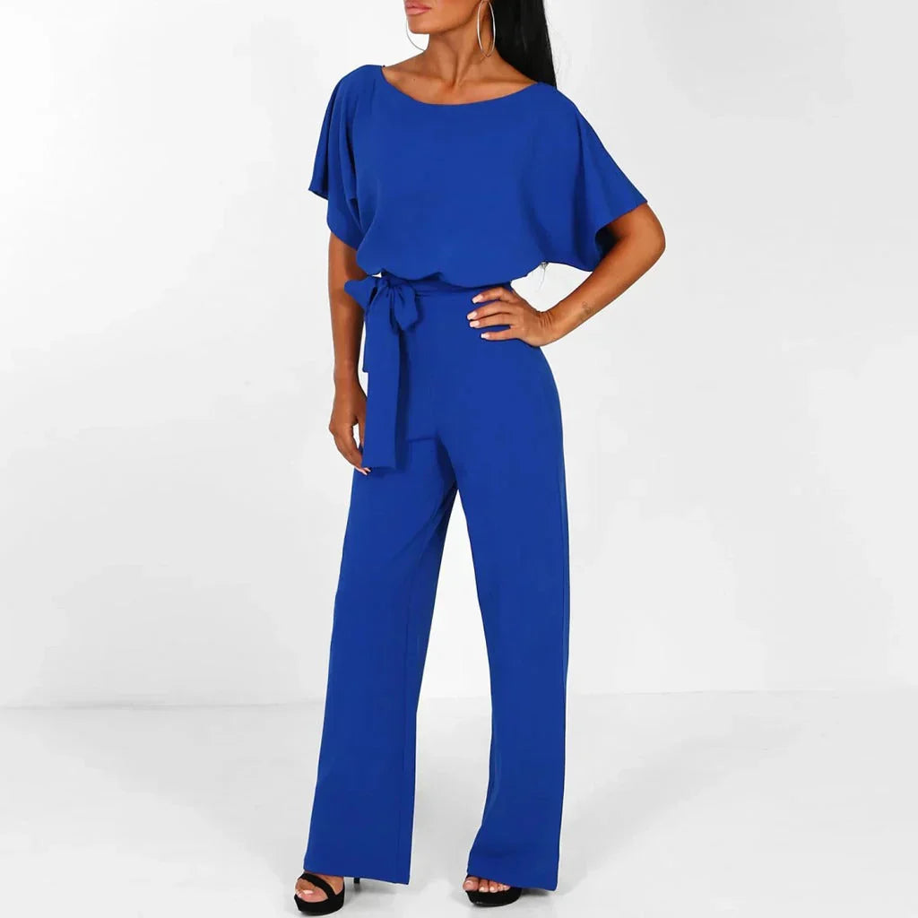 Women's loose fit wide-leg jumpsuit with tie waist belt, elegant and comfortable everyday style