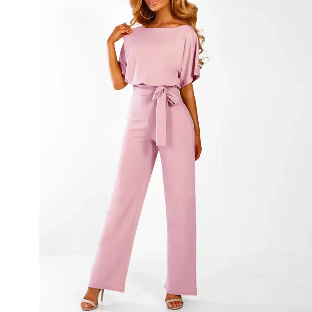 Women's loose fit wide-leg jumpsuit with tie waist belt, elegant and comfortable everyday style