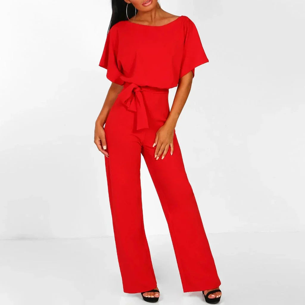 Women's loose fit wide-leg jumpsuit with tie waist belt, elegant and comfortable everyday style