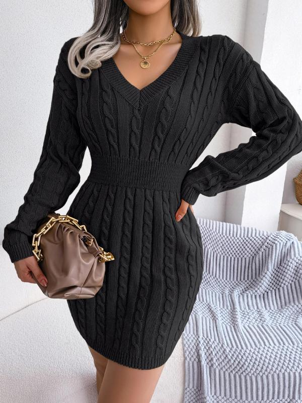 Cozy long sleeve V-neck dress in warm tones with flattering feminine silhouette and soft fabric