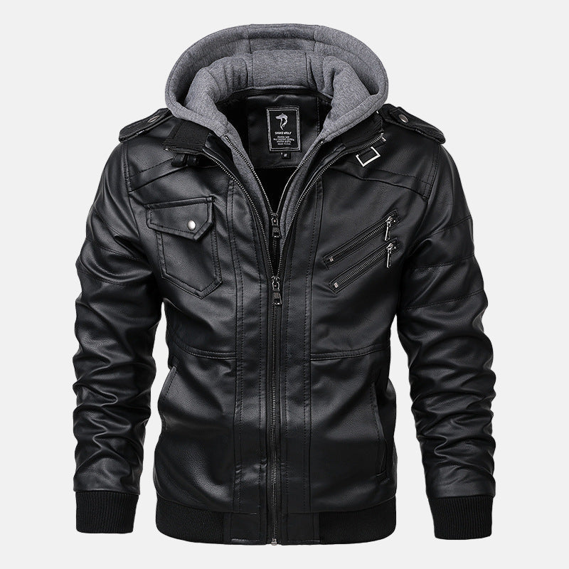 Men's black PU leather hooded moto jacket with zip pockets and rugged biker-style cut
