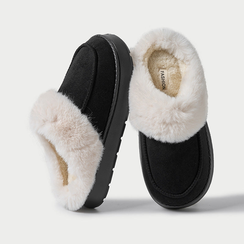 Women's fur-lined slip-on moccasin slippers in solid tones with plush interior and stitched detailing