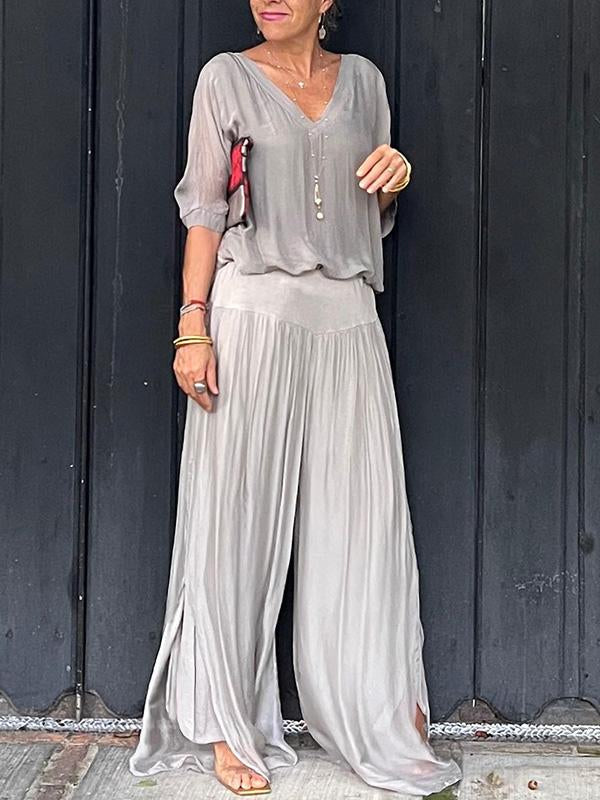 Olive green women's 2-piece batwing sleeve V-neck jumpsuit with wide leg pleated pants
