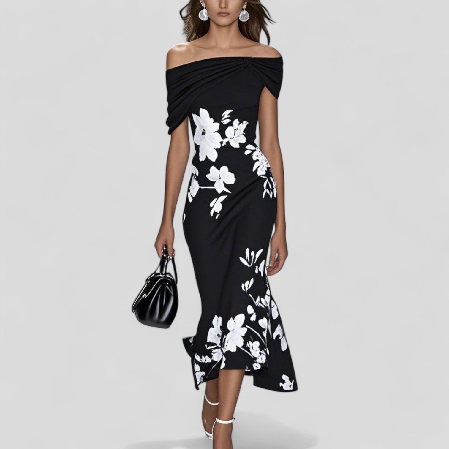 Women's sage green floral midi dress with off-shoulder ruffle hem and figure-skimming silhouette