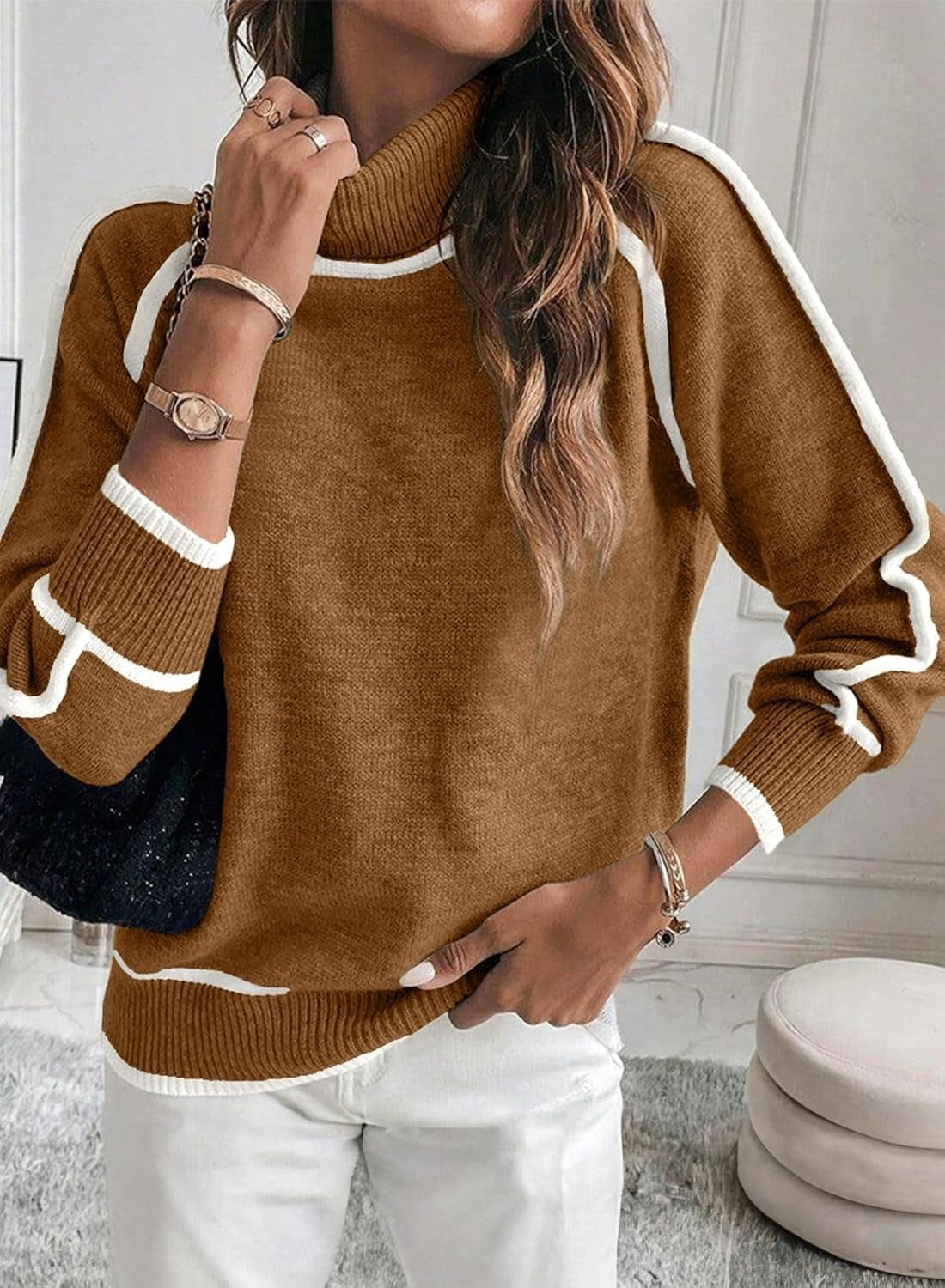 Unisex turtleneck knit sweater black contrast trim cozy minimalist pullover everyday office wear