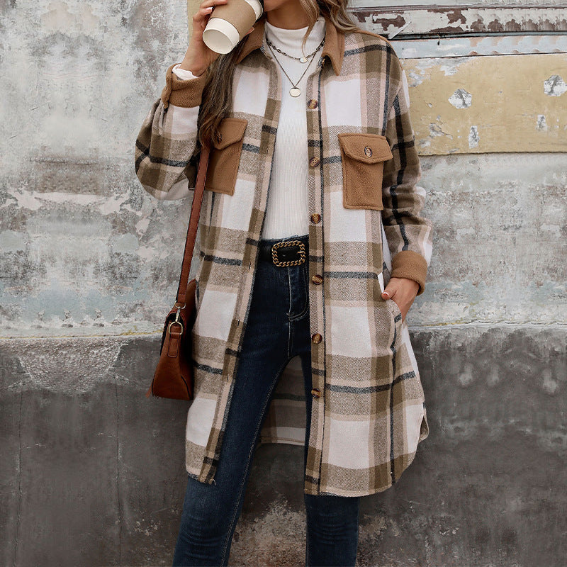 Longline brushed plaid unisex coat with plush interior lining and functional pockets for cold weather