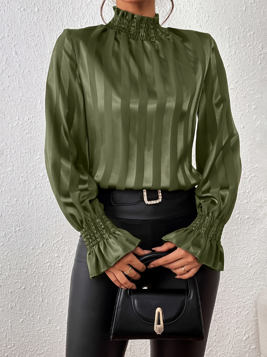 Women's ivory satin blouse high ruffle collar smocked cuffs elegant office chic long sleeve