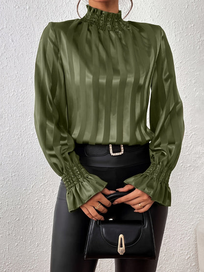 Women's ivory satin blouse high ruffle collar smocked cuffs elegant office chic long sleeve