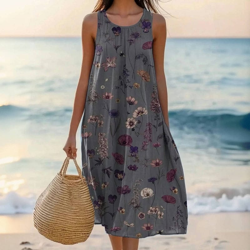 Women's flowy beach dress vintage floral print airy breezy fit warm-weather romantic style