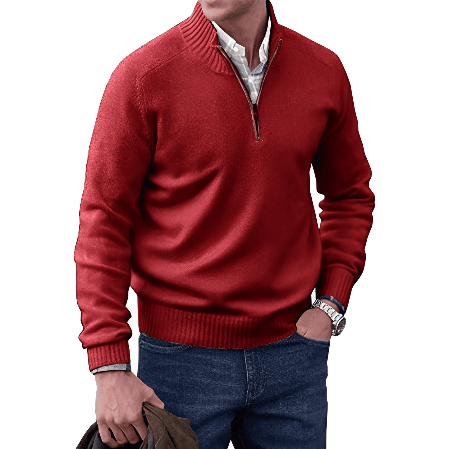 Men's grey knitted half-zip pullover jumper with soft cozy texture for smart-casual layering