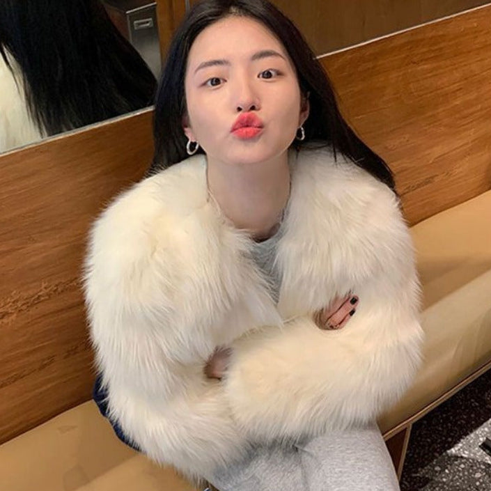 Women's ivory faux fur party jacket tailored structured silhouette with plush luxurious texture