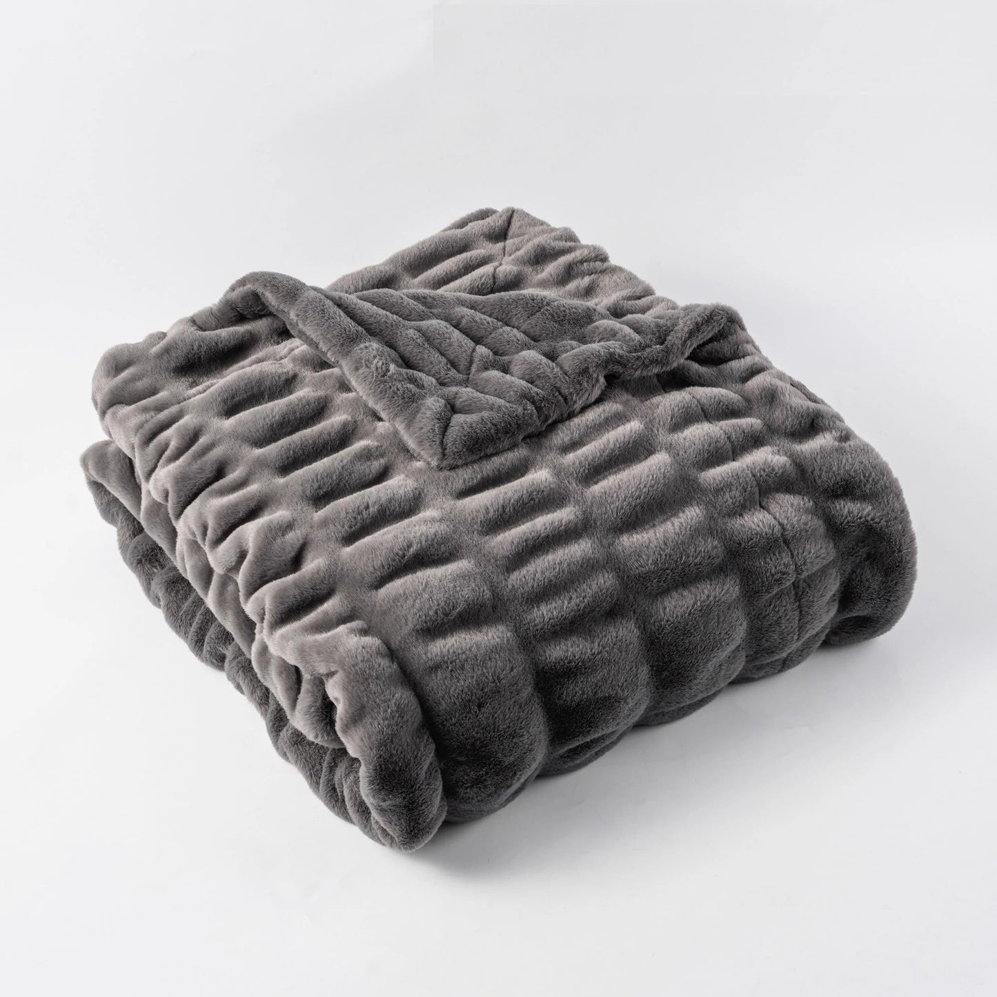 Ivory plush faux rabbit fur throw blanket with quilted diamond pattern double-sided design