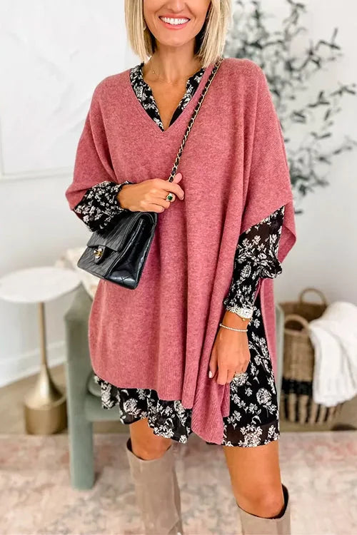 Women's soft knit poncho top loose fit V-neck draped design acrylic wool blend layering piece