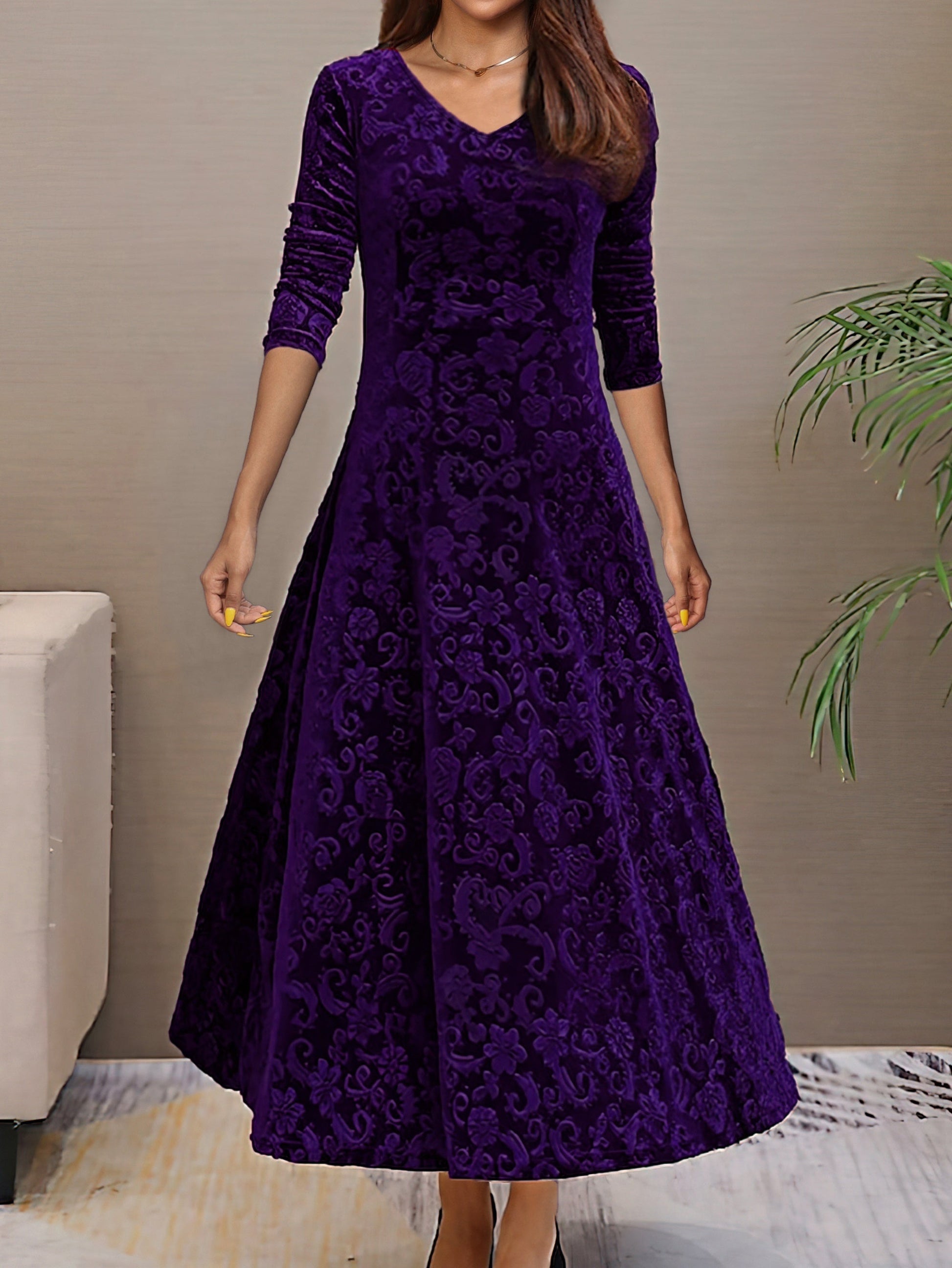 Women's burgundy velvet A-line evening dress with V-neck, 3/4 sleeves, and floral pattern
