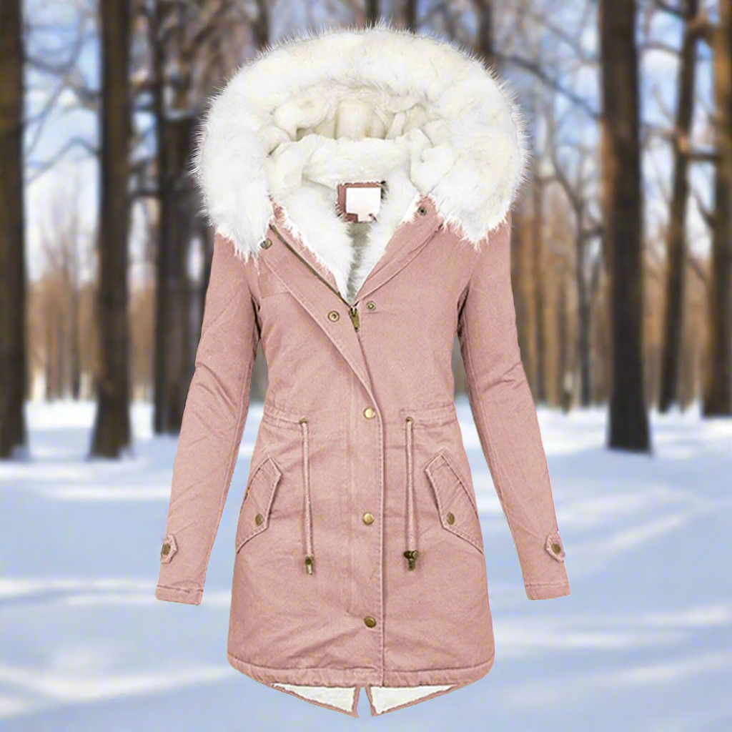 Women's tailored long parka jacket with water-repellent finish and faux fur hood for cold weather