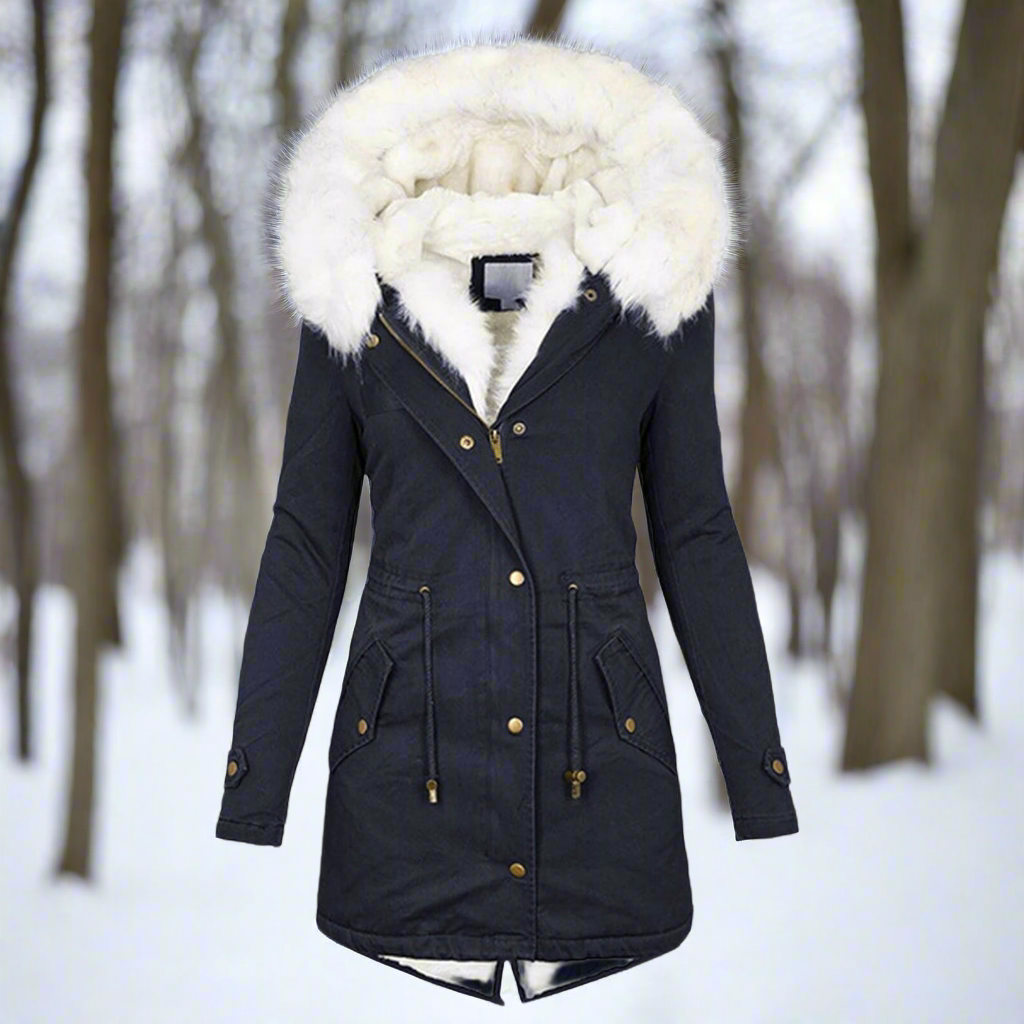 Women's tailored long parka jacket with faux fur hood, water-repellent finish, sleek winter style
