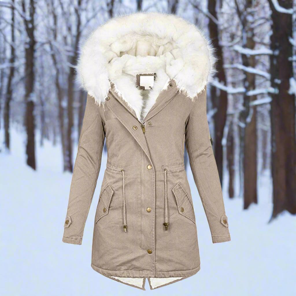 Women's tailored long parka jacket with faux fur hood, water-repellent finish, sleek everyday winter style