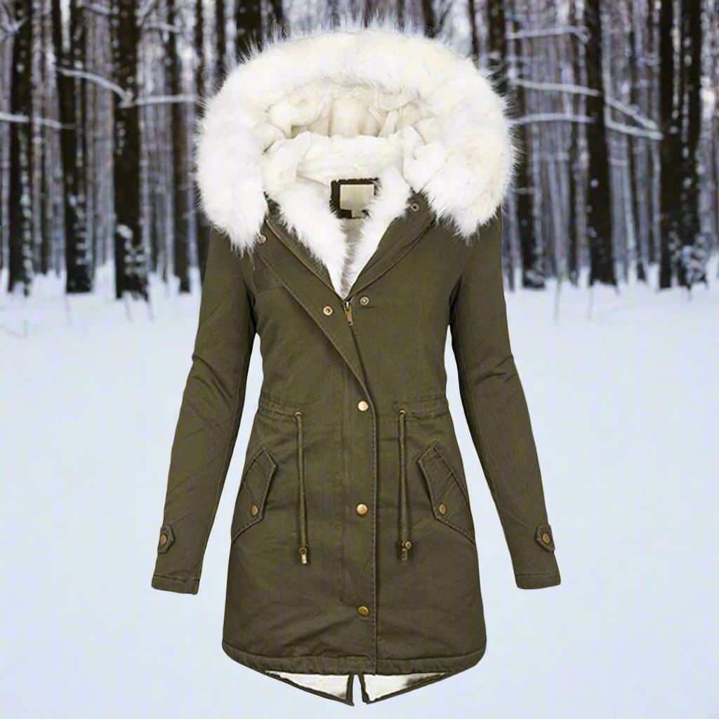 Women's tailored long parka jacket with faux fur hood, water-repellent finish, flattering fit