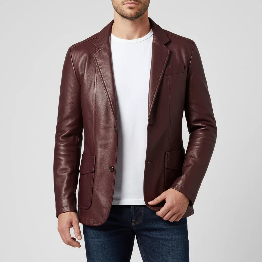 Men's brown leather blazer notch lapel patch pockets slim modern professional style premium quality