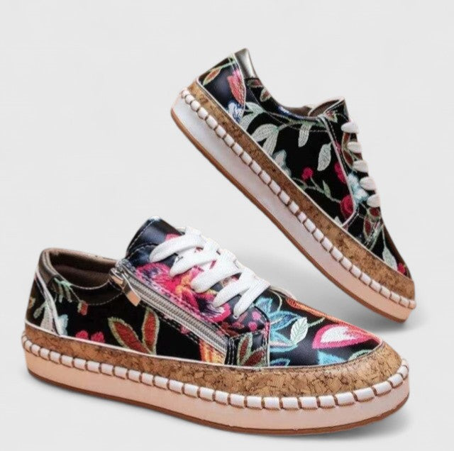 Women's floral embroidered platform sneakers with cork sole, gold metallic accents, lace-up style
