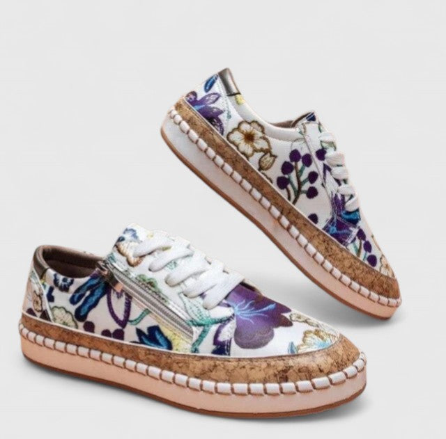 Women's floral embroidered platform sneakers with cork sole, gold metallic accents, lace-up style