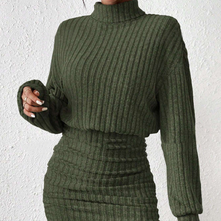 Ivory ribbed knit turtleneck midi dress with structured high neck cozy winter silhouette