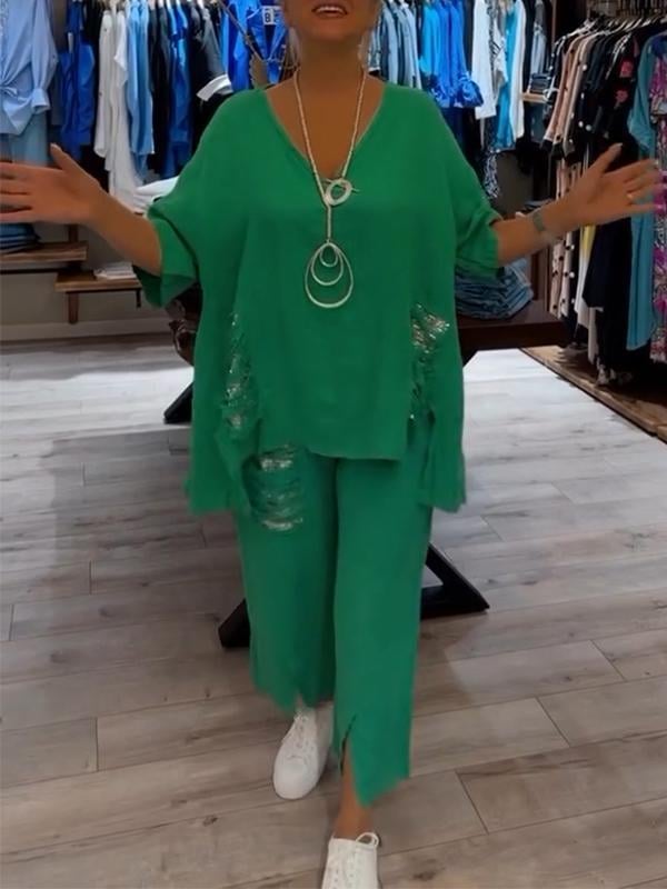 Women's linen 2-piece set V-neck oversized top with sequin fringe pocket and cropped wide-leg pants