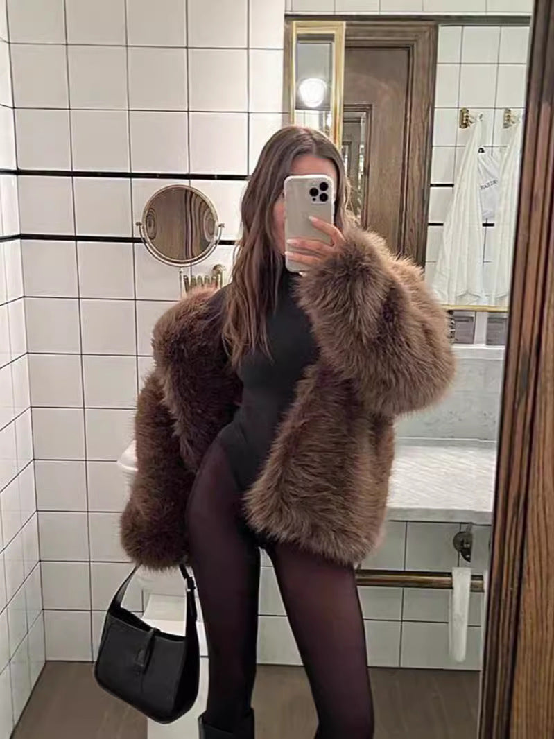 Wavlynn women short solid faux fur coat elegant classic style plush warm lightweight six colors