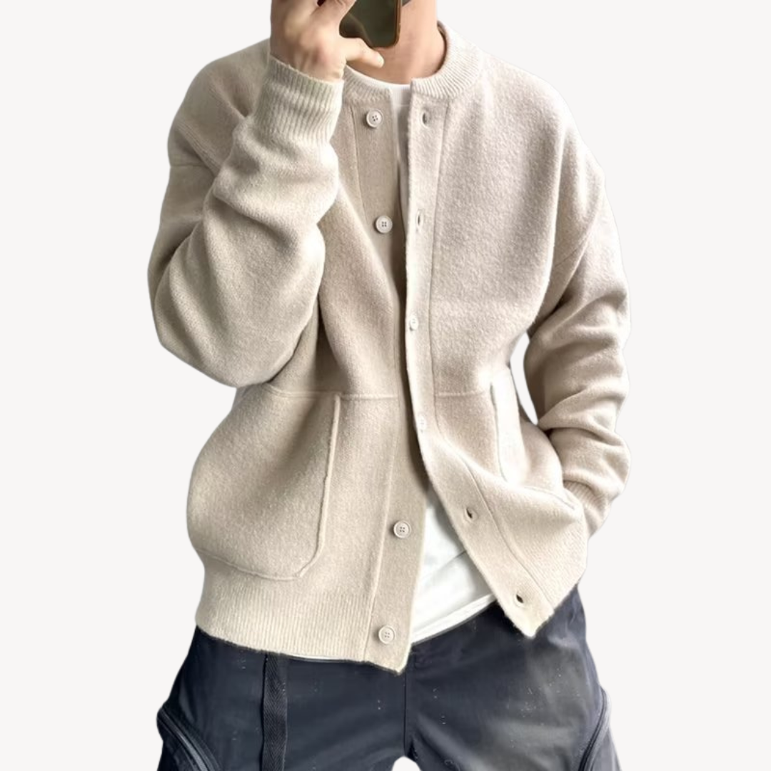 Men's relaxed fit wool blend cardigan with button closure and ribbed edges for smart everyday wear