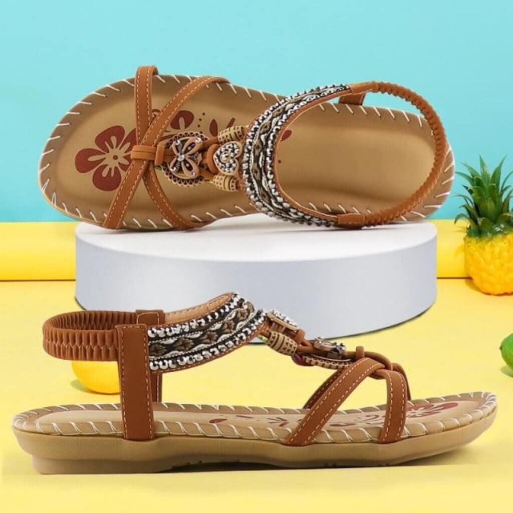 Women's beige platform sandals with elastic band and cushioned soft sole for effortless style
