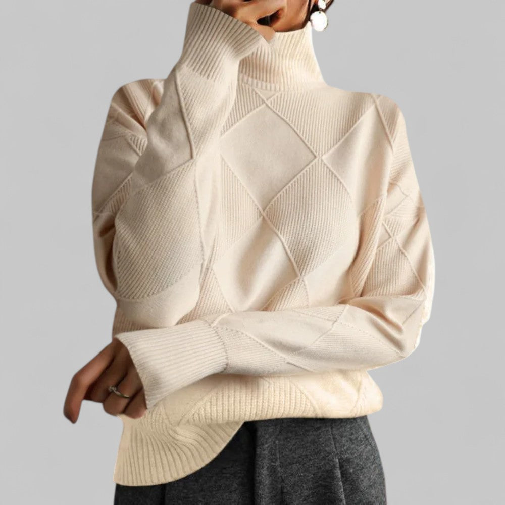 Women's oversized turtleneck sweater relaxed silhouette with bold patterned texture for winter layering