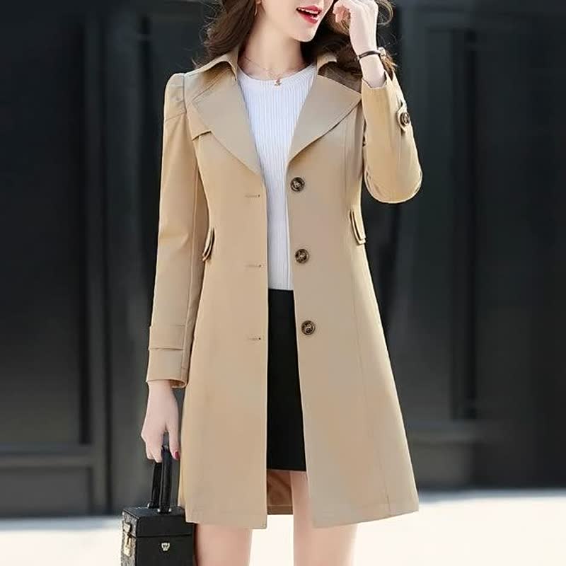 Taylor women's tailored long trench coat with classic button-down closure, sleek professional silhouette
